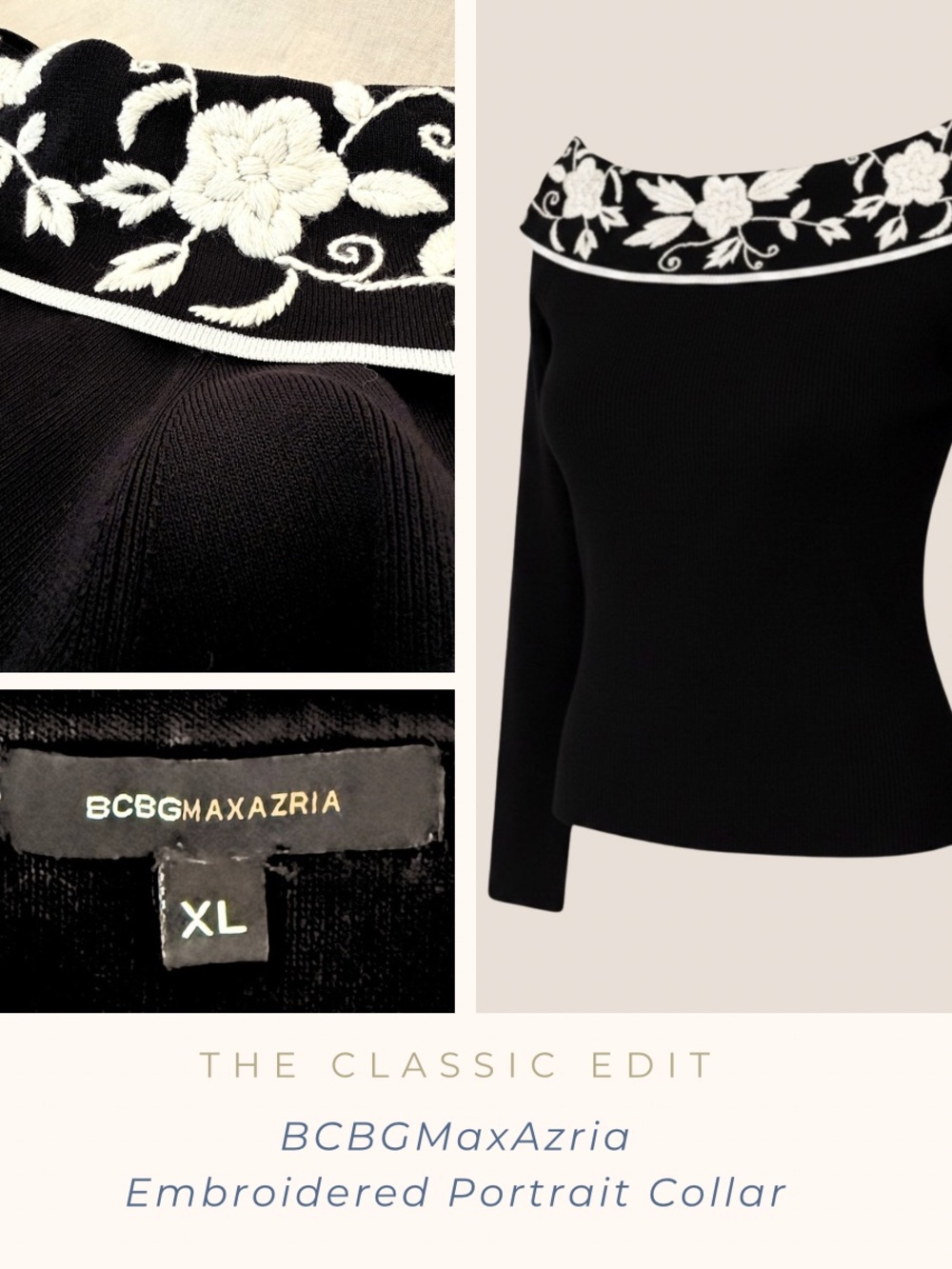 BCBGMaxAzria | Embroidered Portrait Collar Top | Black | Elegant | Sculptural